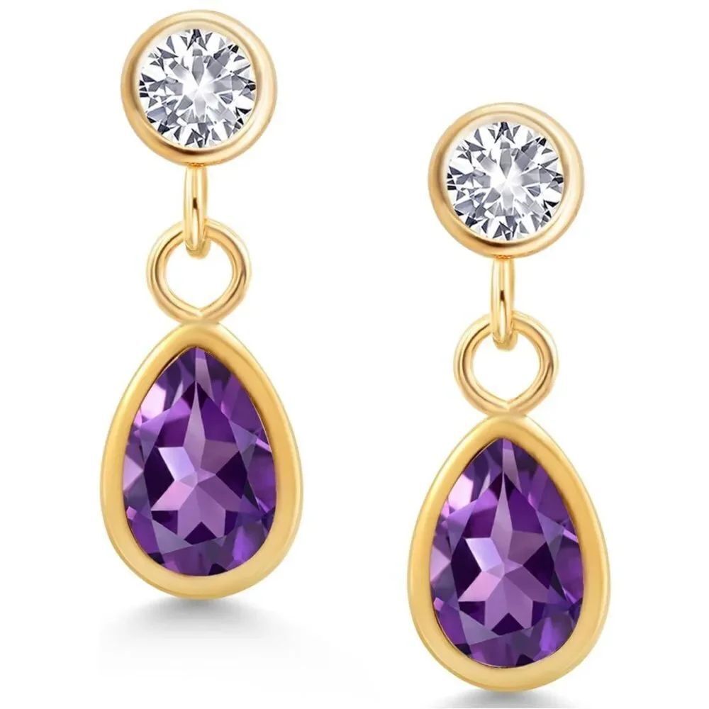 14K Yellow Gold with 0.98 Cttw Amethyst and White Sapphire Post Back Earrings
